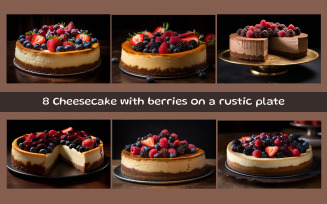 Cheesecake with berries on a rustic plate