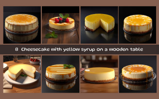 Cheesecake with yellow syrup on a wooden table