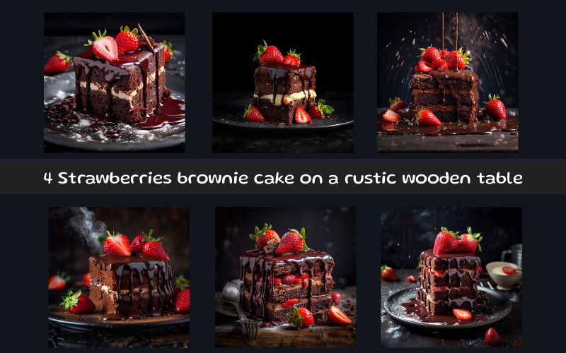 Strawberries brownie cake on a rustic wooden table Background