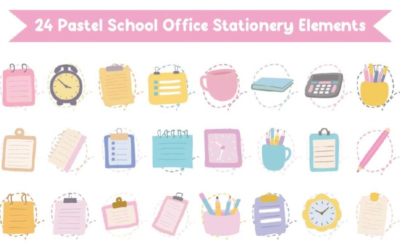 24 Pastel School Office Stationery Elements Illustration
