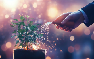 Hand Holding Water Nurturing A Young Tree Symbolizing Growth And Care Background Design