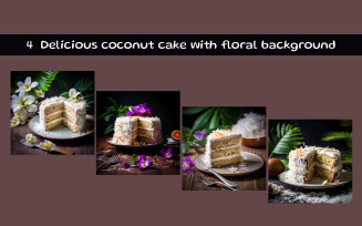 Delicious coconut cake with floral background