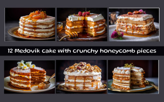Medovik cake with crunchy honeycomb pieces