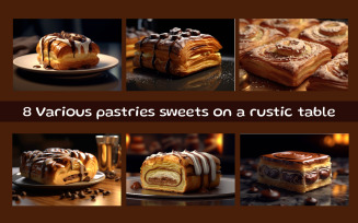 Various pastries sweets on a rustic table