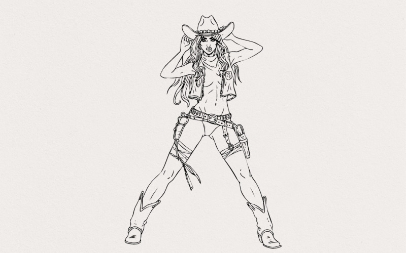 Bold Cowgirl Stance PNG, Western Action Art, Women’s Fashion Design for T-Shirts, Country Classic Illustration