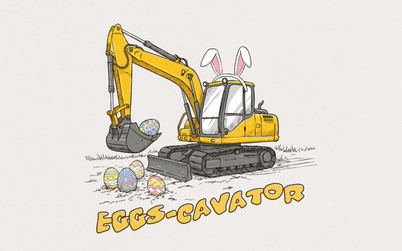 Eggs-Cavator PNG, Happy Easter PNG, Retro Easter PNG, Easter Kids PNG, Excavator Easter, Easter Day Illustration