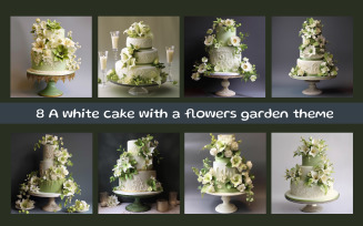 A white cake with a flowers garden theme
