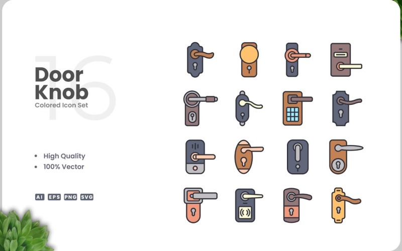 16 Door Knob Colored Icons Set Icon Set