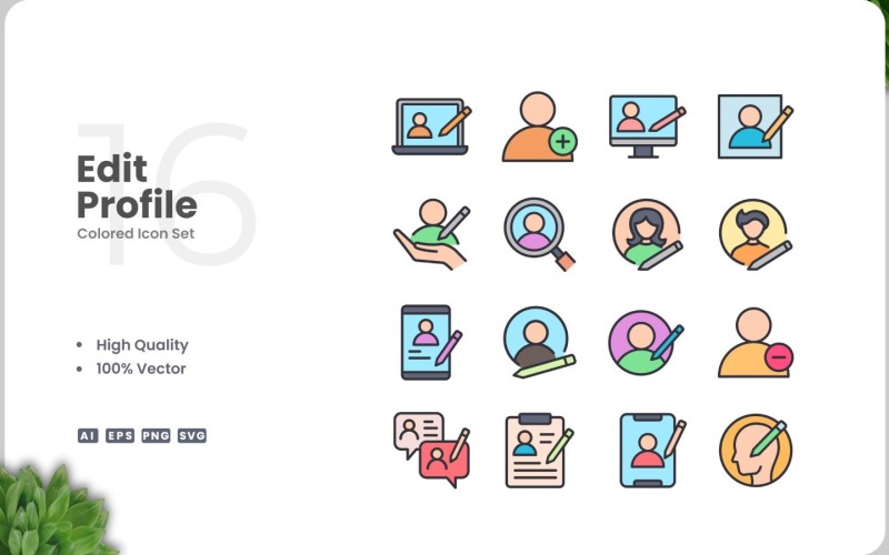16 Edit Profile Colored Icons Set Icon Set