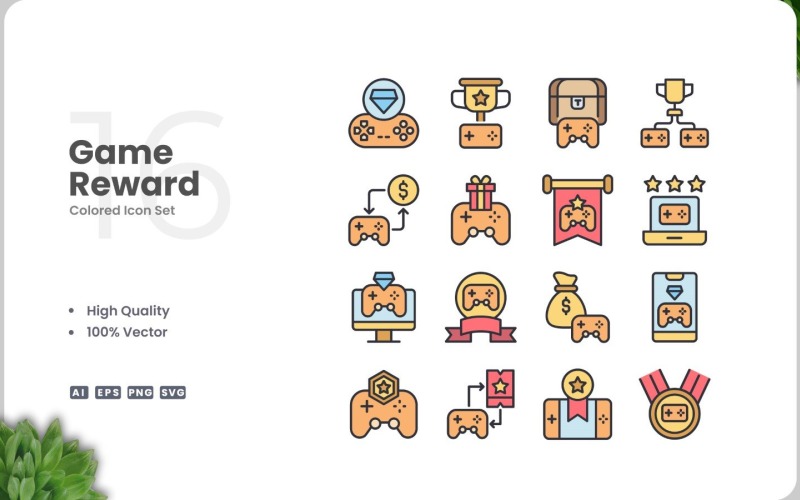 16 Game Reward Colored Icons Set Icon Set
