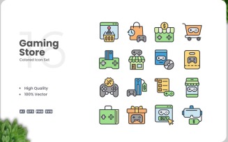 16 Gaming Store Colored Icons Set