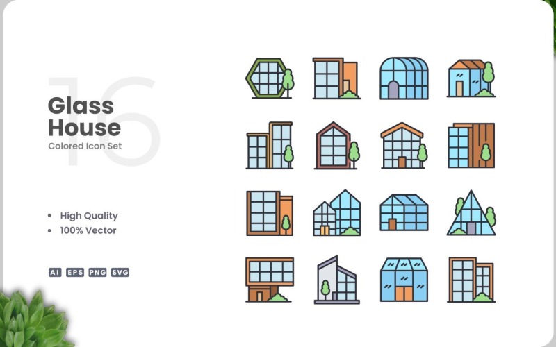 16 Glass House Colored Icons Set Icon Set