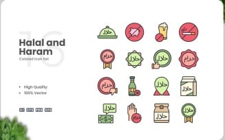 16 Halal and Haram Colored Icons Set