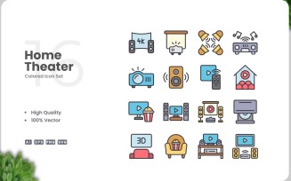 16 Home Theater Colored Icons Set
