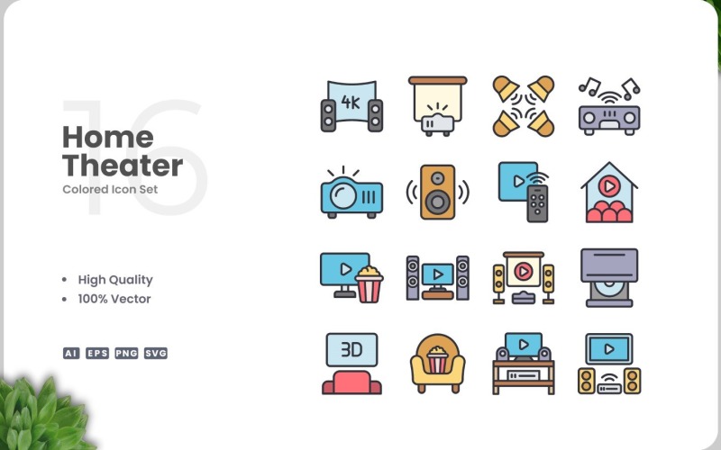 16 Home Theater Colored Icons Set Icon Set