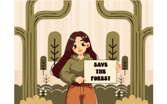 Cheerful Girl Character Holding Save the Forest Sign