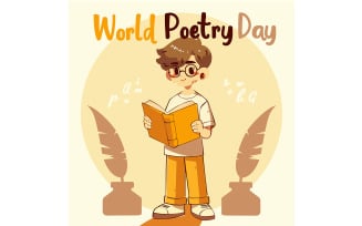 World Poetry Day with Curious Boy Reading a Book in Casual Wear