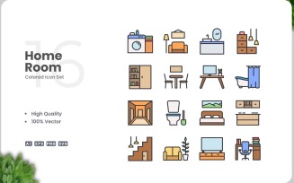 16 Home Room Colored Icons Set