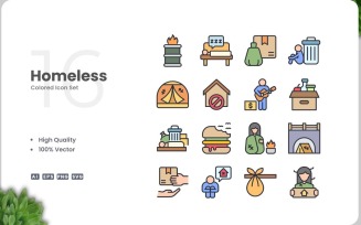 16 Homeless Colored Icons Set