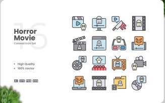 16 Horror Movie Colored Icons Set