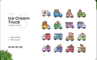 16 Ice Cream Truck Colored Icons Set