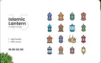 16 Islamic Lantern Colored Icons Set