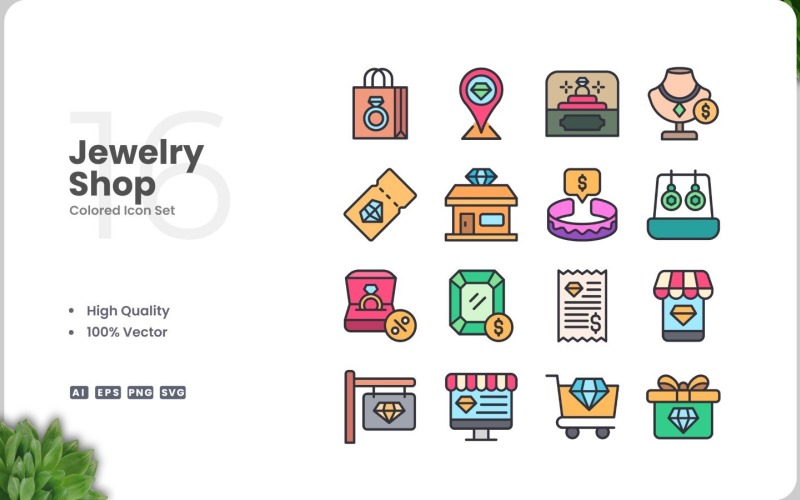 16 Jewelry Shop Colored Icons Set Icon Set