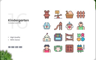 16 Kindergarten Colored Icons Set