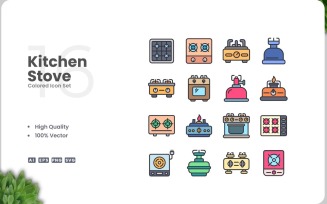 16 Kitchen Stove Colored Icons Set