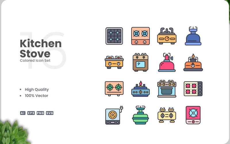16 Kitchen Stove Colored Icons Set Icon Set