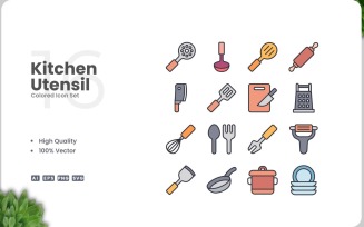 16 Kitchen Utensil Colored Icons Set