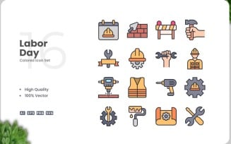 16 Labor Day Colored Icons Set