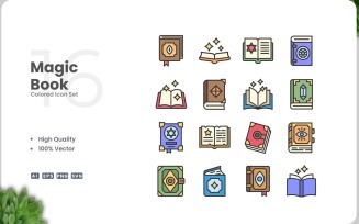 16 Magic Book Colored Icons Set