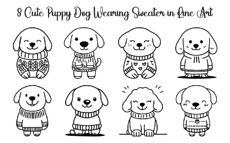 8 Cute Puppy Dog Wearing Sweater in Line Art Illustration
