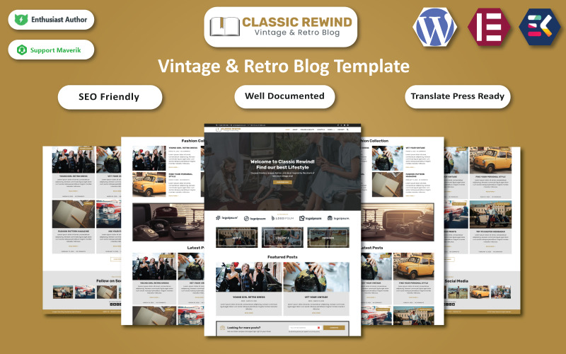 Classic Rewind - Vintage & Retro Blog Elementor Template WordPress Theme