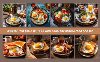 Breakfast table of food with eggs, tomatoes, bread and tea