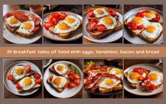 Breakfast table of food with eggs, tomatoes, bacon and bread