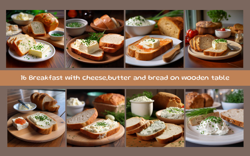 Breakfast with cheese,butter and bread on wooden table Background