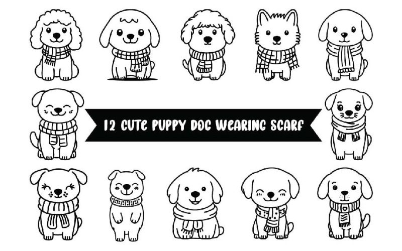 12 Cute Puppy Dog Wearing Scarf Illustration