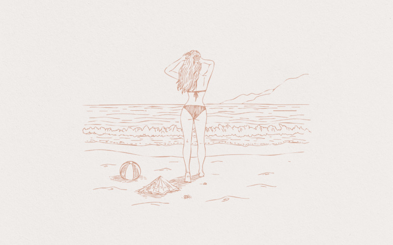 Beach Vibes PNG, Summer Line Art Design, Retro Beach Scene, Seaside Art Illustration, Beach Woman