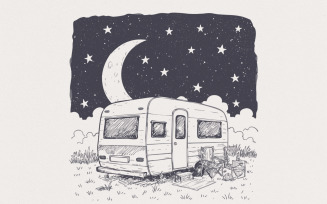 Moonlit Caravan PNG, Starry Night Camping Design, Retro Camper Scene, Outdoor Adventure
