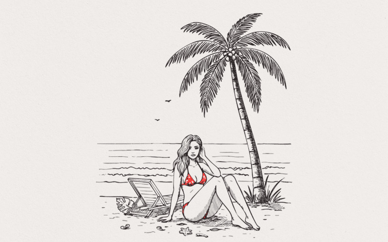 Palm Tree Relaxation PNG, Tropical Beach Scene, Summer Vacation Illustration, Sunbathing Woman Art,