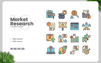 16 Market Research Colored Icons Set