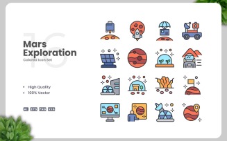 16 Mars Exploration Colored Icons Set