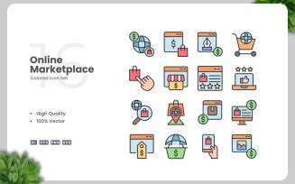 16 Online Marketplace Colored Icons Set