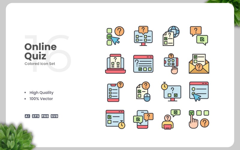 16 Online Quiz Colored Icons Set Icon Set