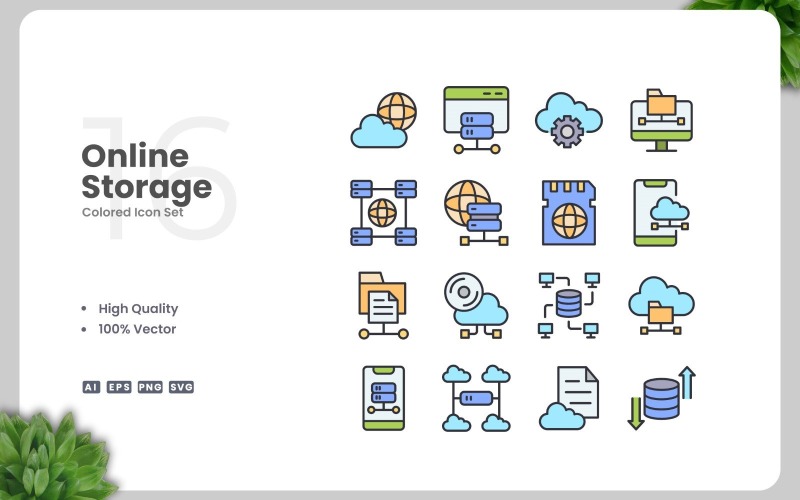 16 Online Storage Colored Icons Set Icon Set