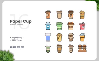 16 Paper Cup Colored Icons Set