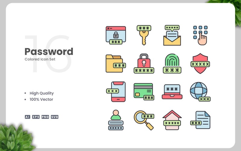 16 Password Colored Icons Set Icon Set