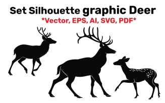 Set Silhouettes graphic Deer different poses, Vector, Easy to Edit isolated on white Background